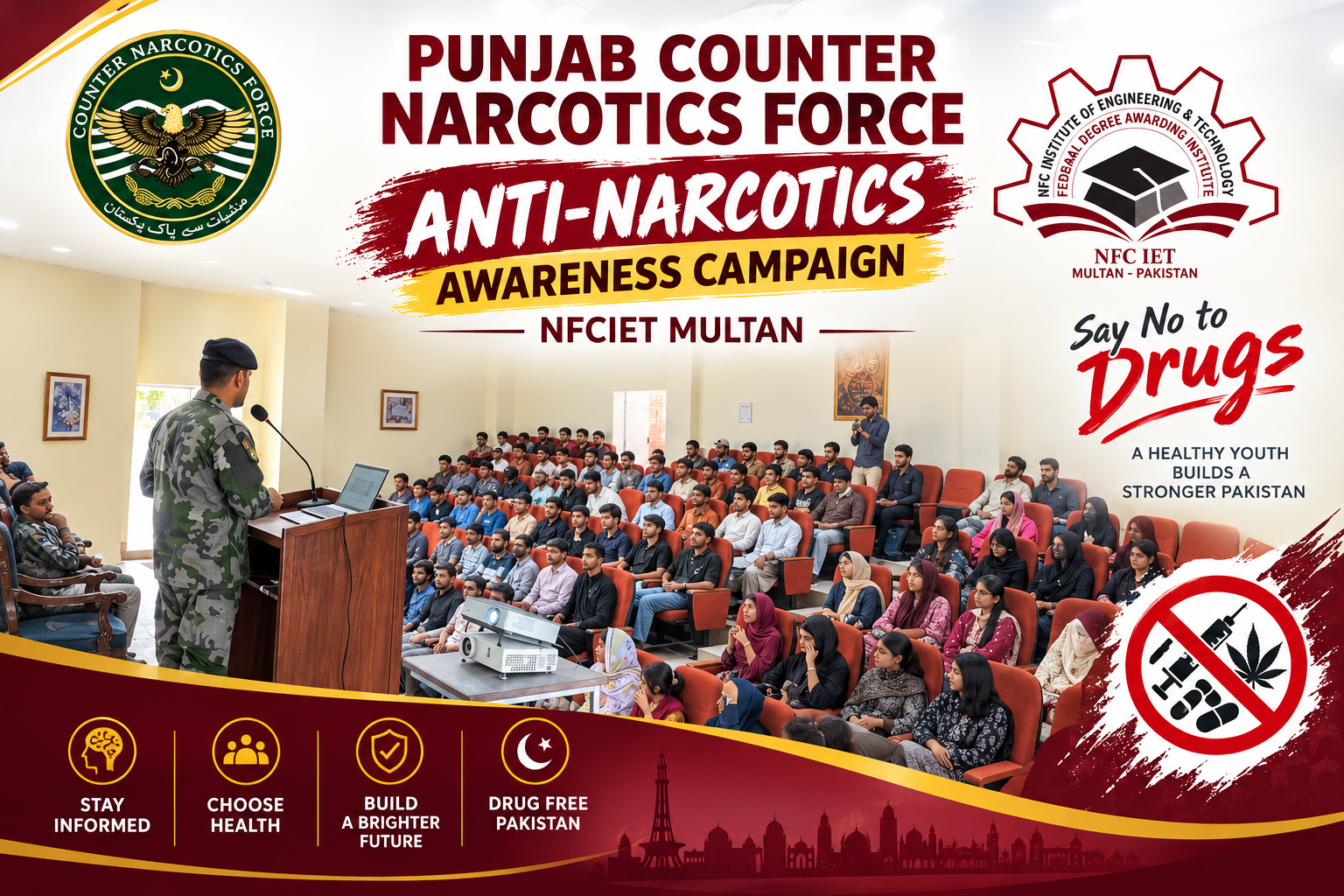 Punjab Counter Narcotics Force and NFC-IET Multan Anti-Narcotics Awareness Campaign poster